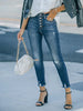 Stretch Button-Up Ripped Ankle-Length Jeans