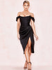 Cap Shoulder Corset Bodycon Midi Dress - Black