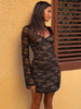 Lace Print U Neck Long Sleeve Mini Dress