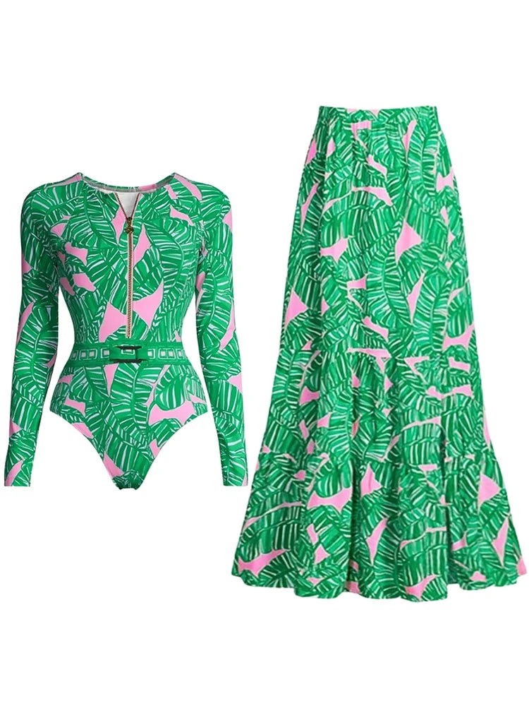 Green Zip-Up Floral Surf Set