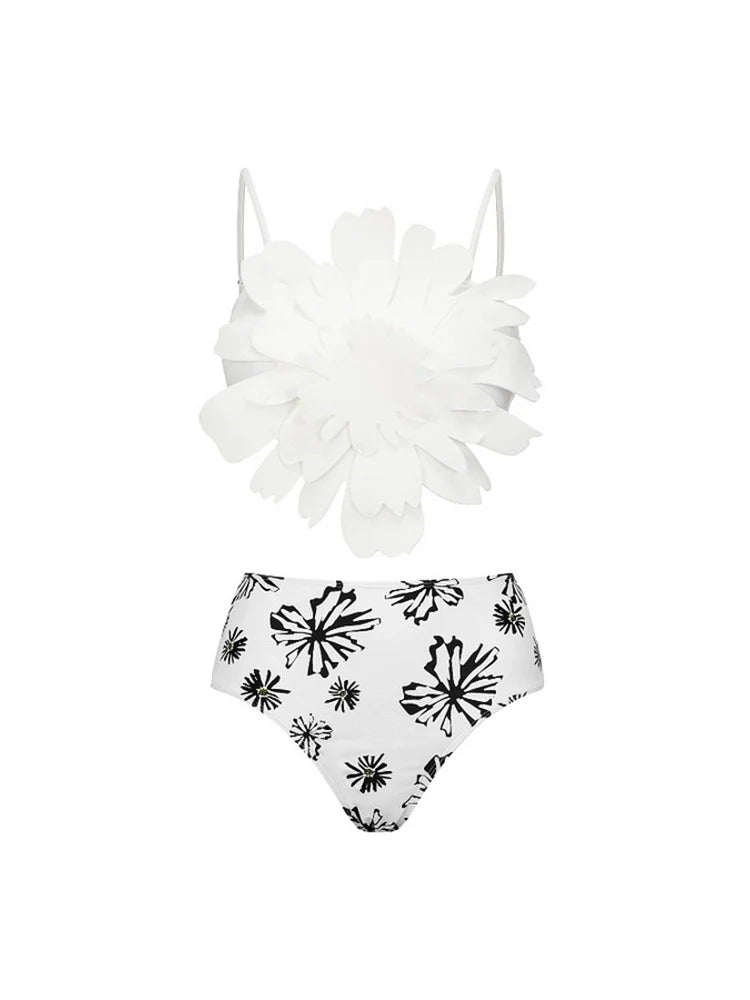 Floral Trim White Printed Bikini Set