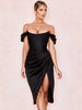 Cap Shoulder Corset Bodycon Midi Dress - Black