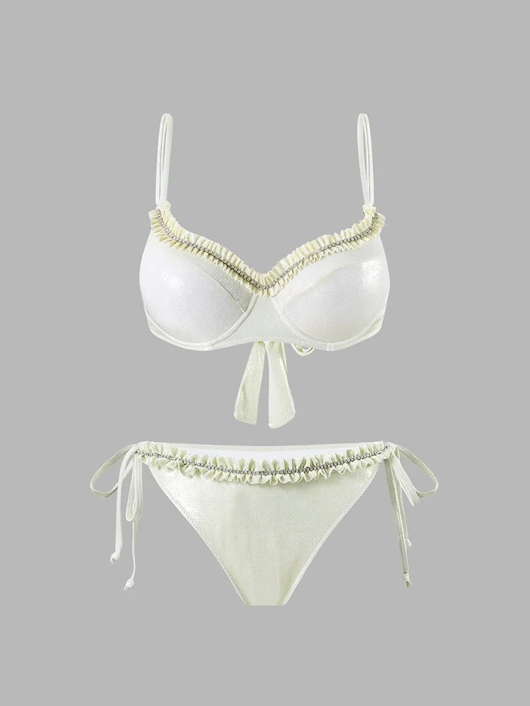 Ruched Tie-String Glossy White Bikini Set
