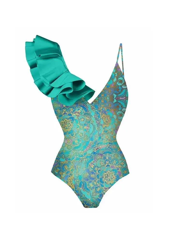 Boho Ruffle Print One Piece Swimsuit Set