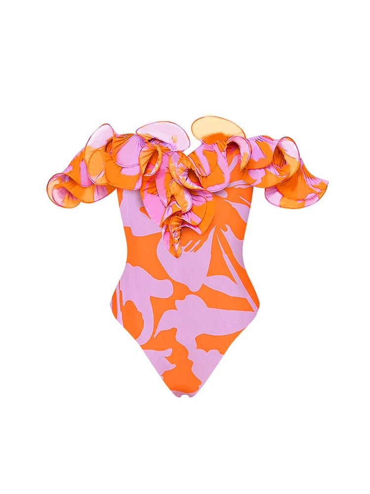 Strapless Ruffle Floral Print One Piece Swimsuit