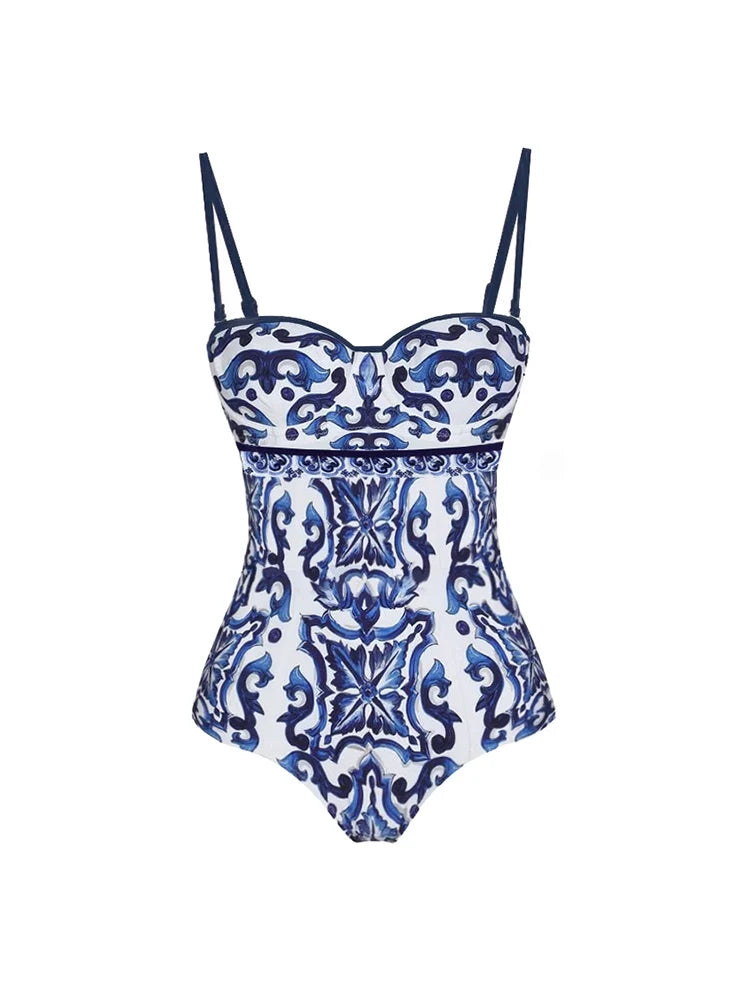 Porcelain Print One Piece Swimsuit Set