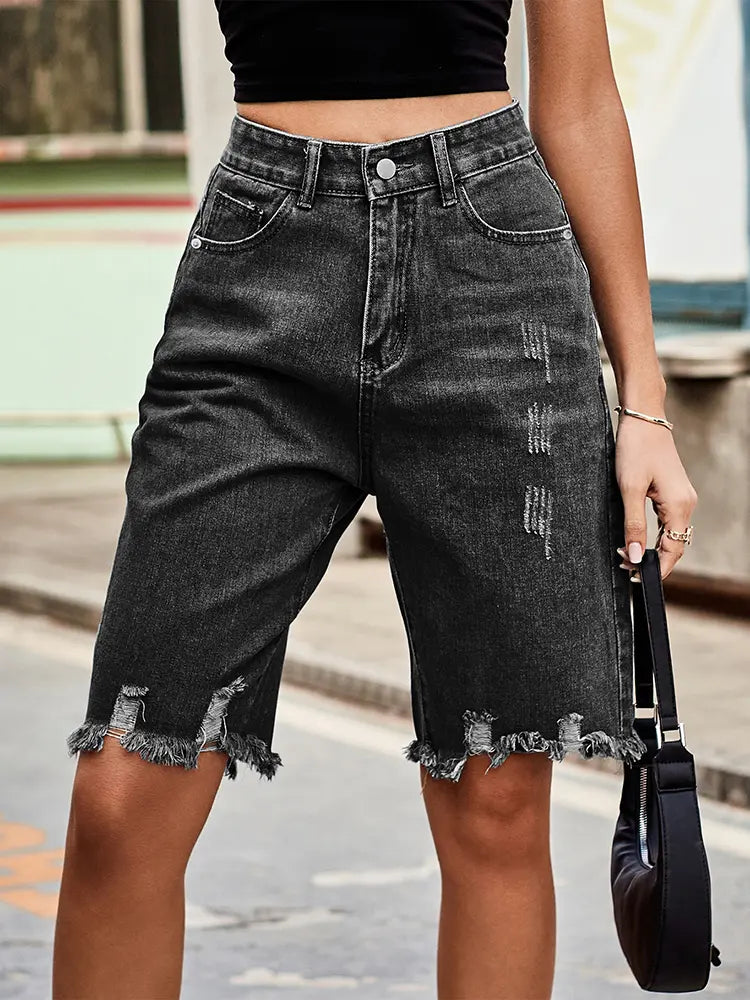 Distressed Fringe Hem Denim Shorts