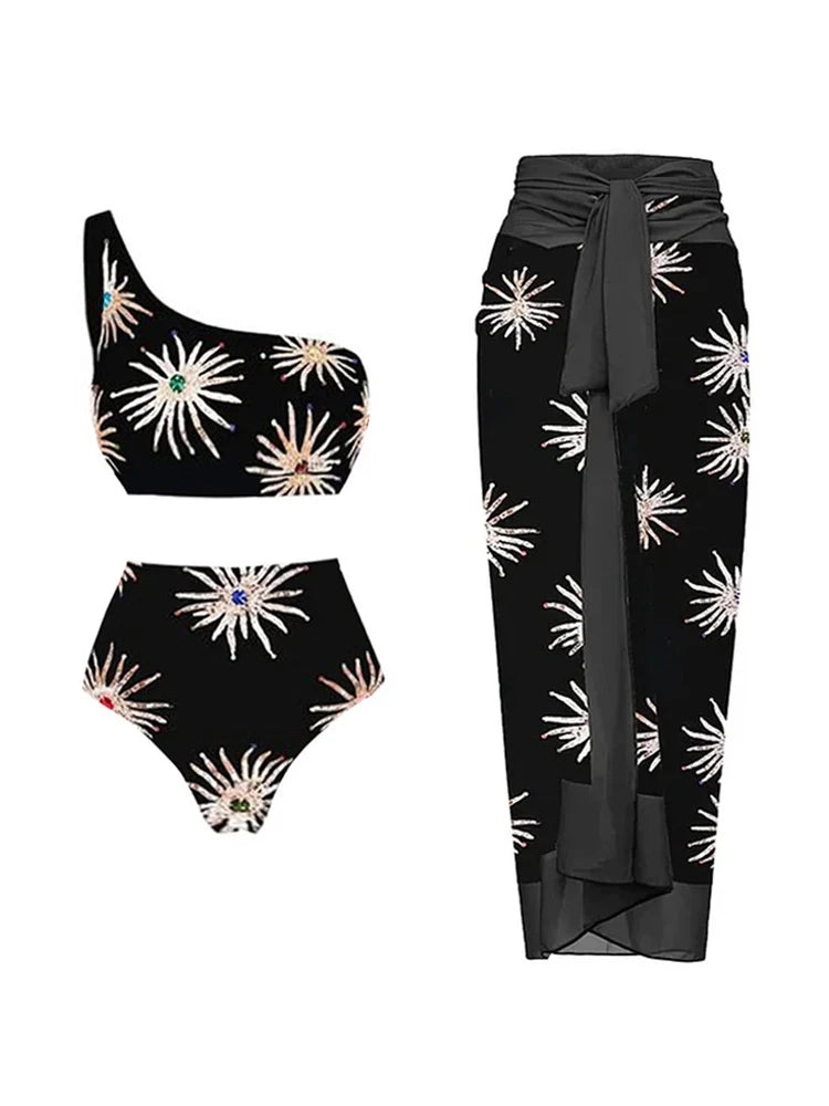 One-Shoulder High-Waist Printed Bikini Set