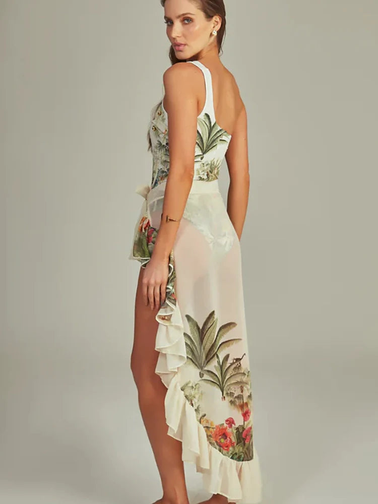 One-Shoulder Cutout Tropical Print Swimsuit