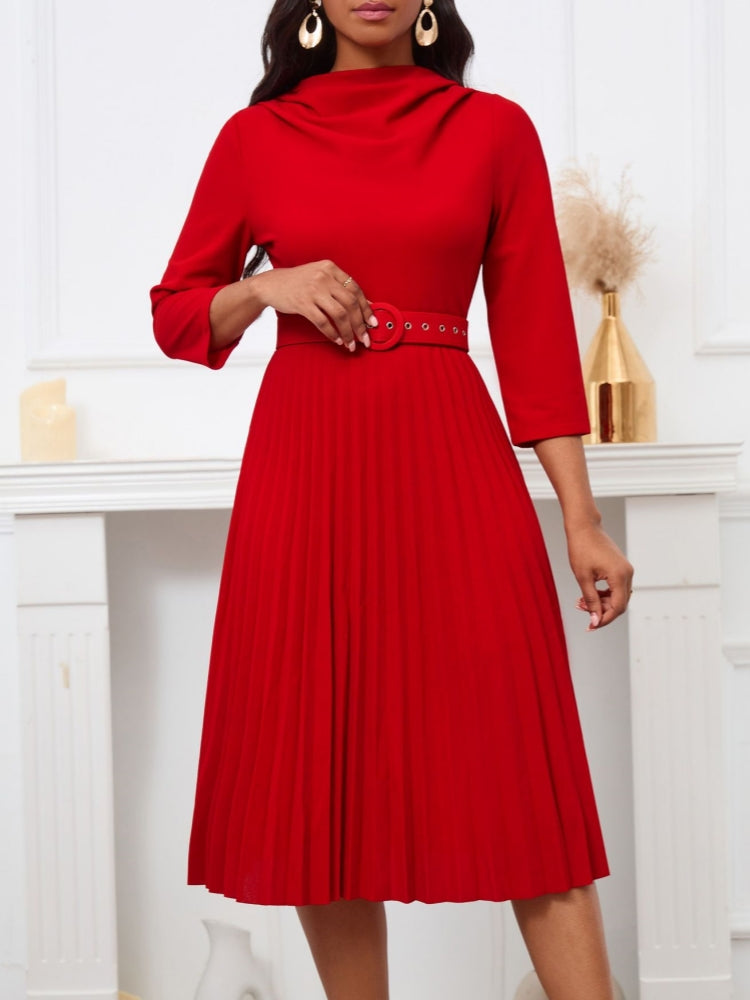 Elegant Solid Color Pleated Dress with Belt