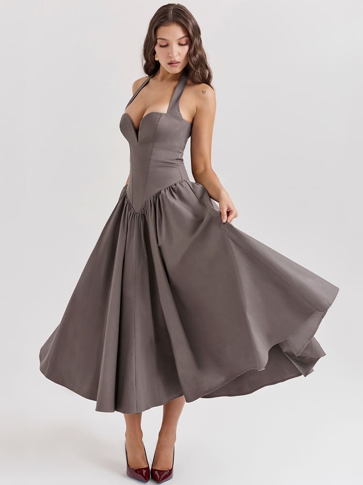 Halter Neck Midi Dress with Side Slit - Smoky Gray