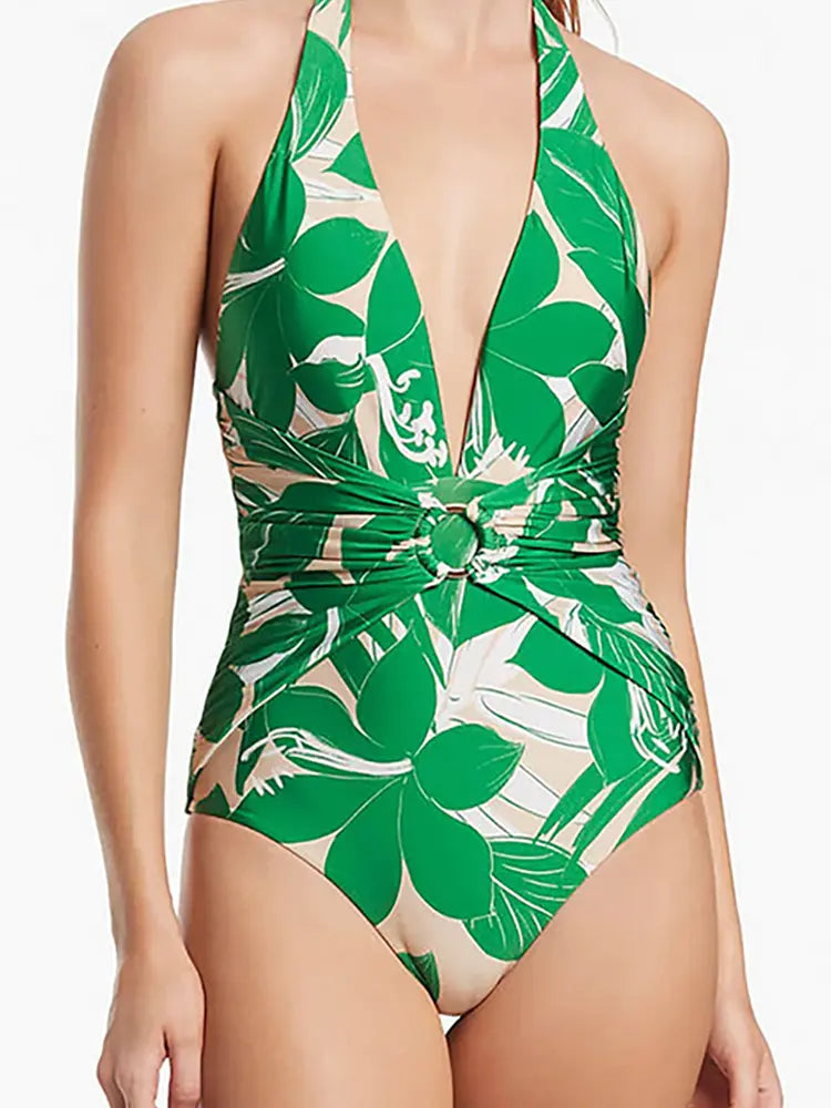 Green Halter Deep V One-Piece Swimsuit Set