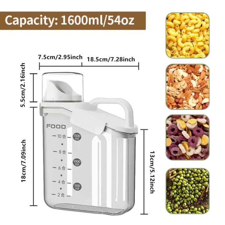 Airtight plastic food storage containers with measuring cup lid, kitchen canisters for rice, grains, beans, and cereals