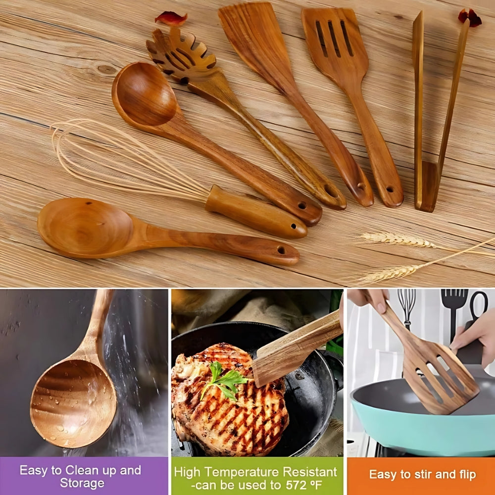 Set of wooden cooking utensils with whisk – eco-friendly kitchen spoons, spatulas, and pasta server for non-stick cookware