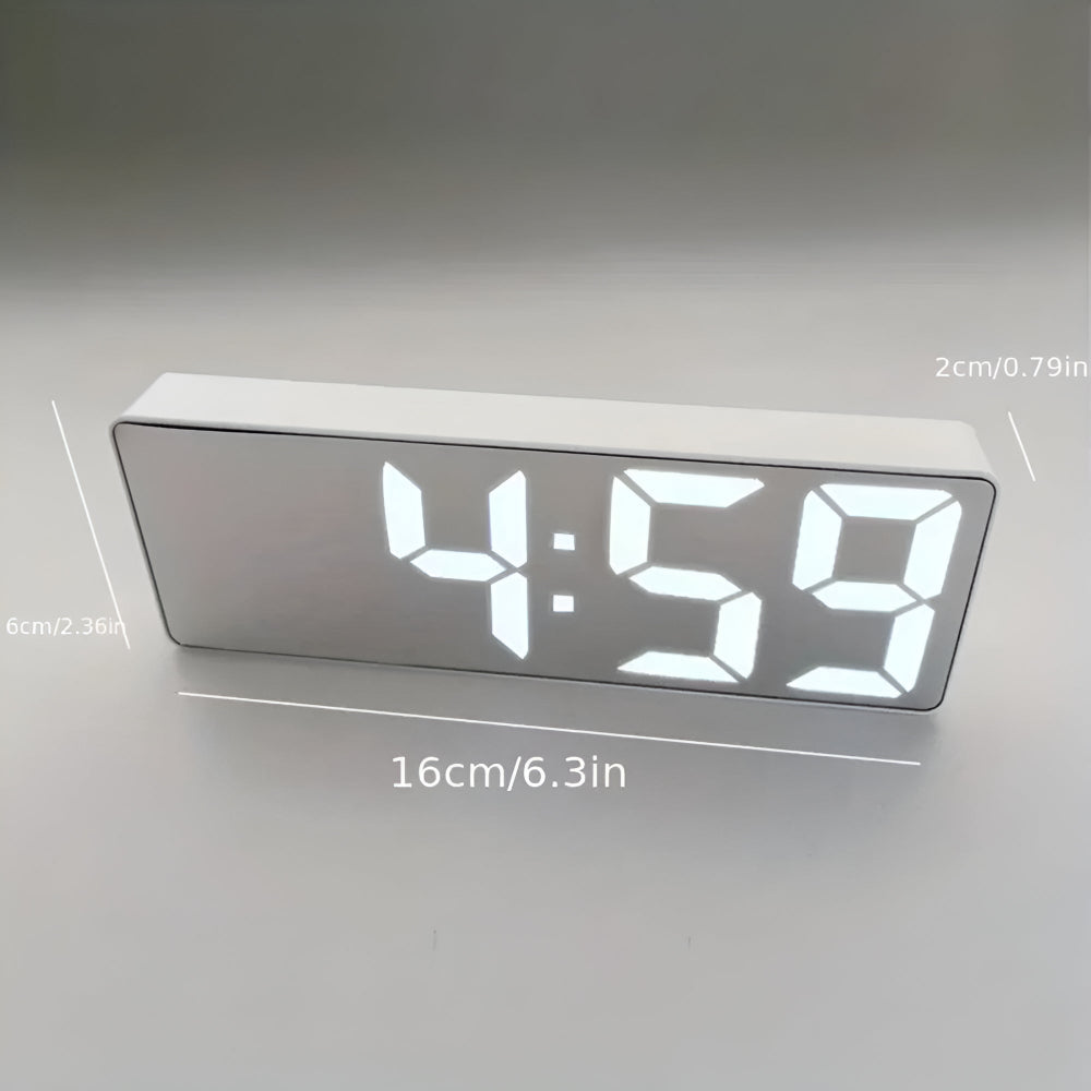 Modern LED digital alarm clock in black and white with large display, 12/24 hour format and night light feature