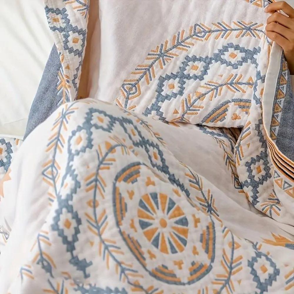 Bohemian bedspread with geometric mandala patterns in blue and yellow, lightweight cotton quilt for modern bedroom decor