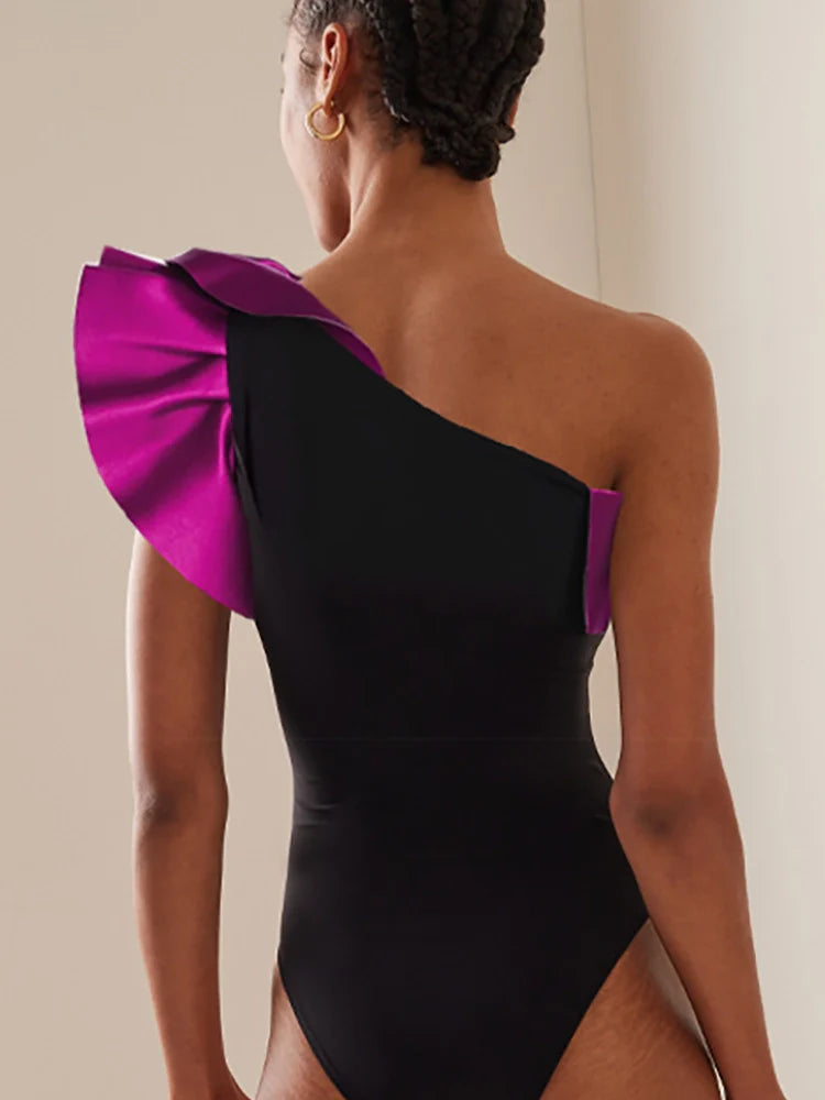 Ruffle Colorblock Retro One Piece Swimsuit