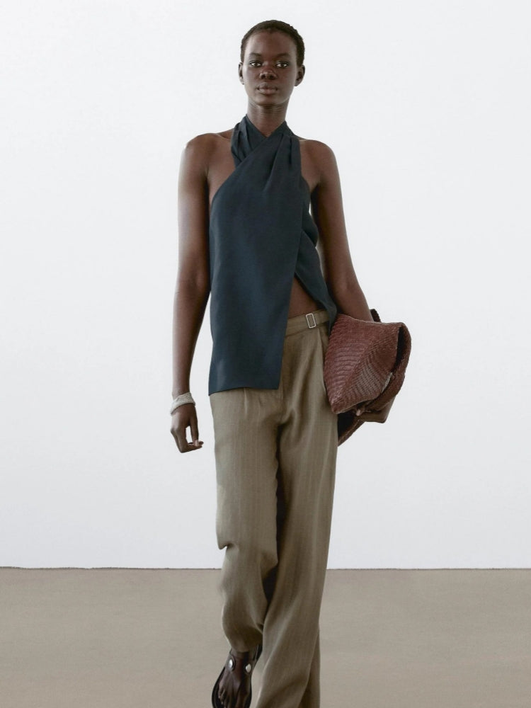 Halter Neck Back Neckline Top - Blue