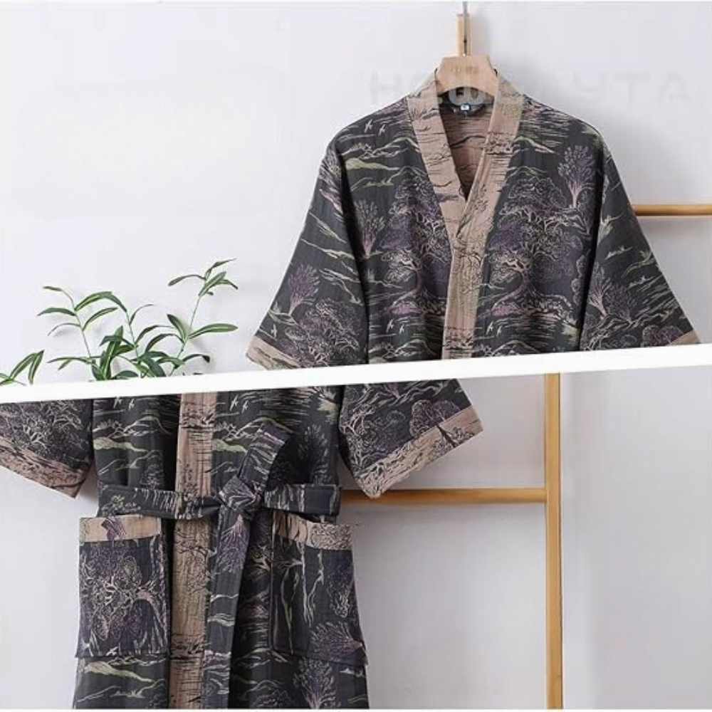 Japanese-style cotton kimono robe with nature print, short sleeves, front pockets, and waist belt for loungewear or sleepwear