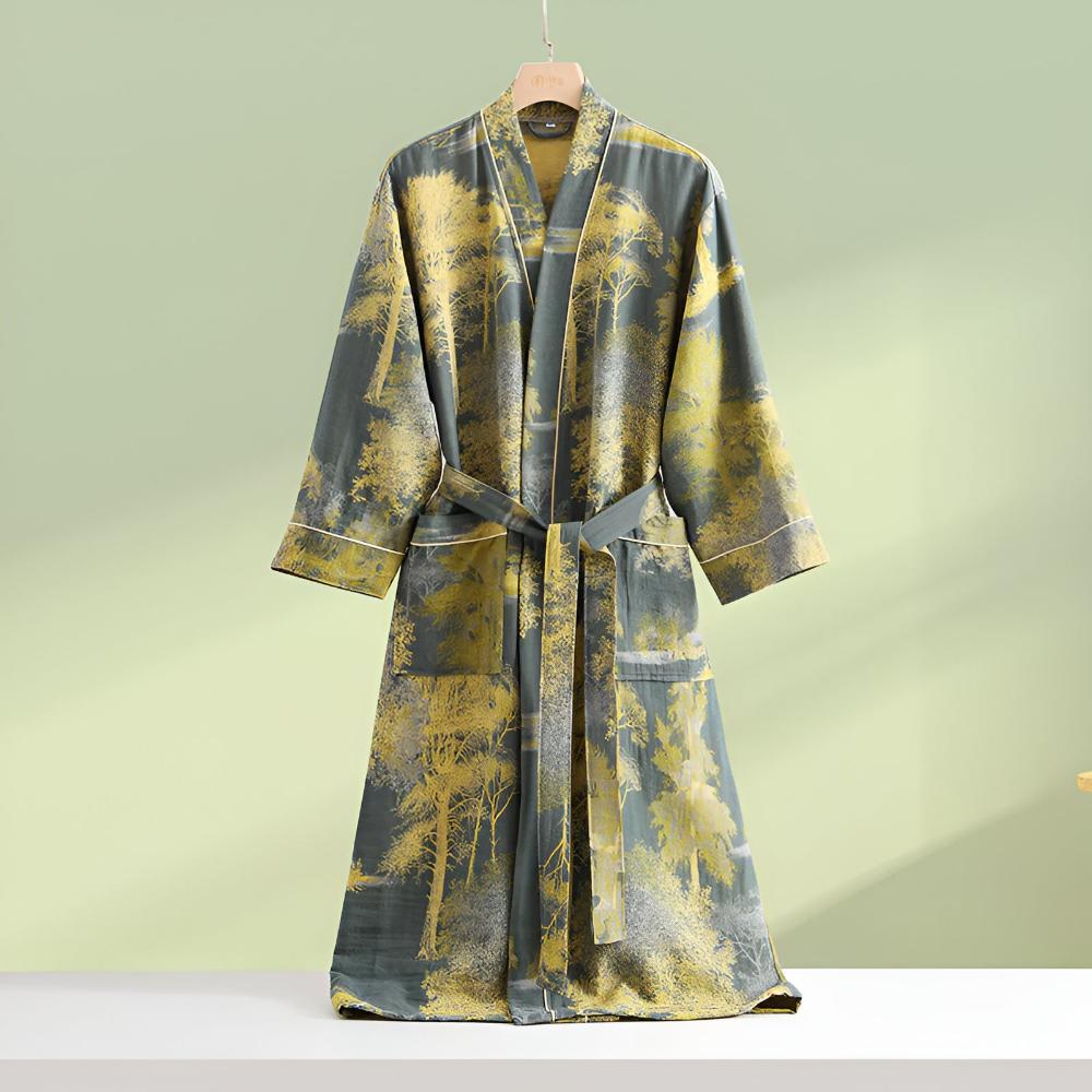Long women’s robe in gray with yellow nature print, tie belt, and pockets