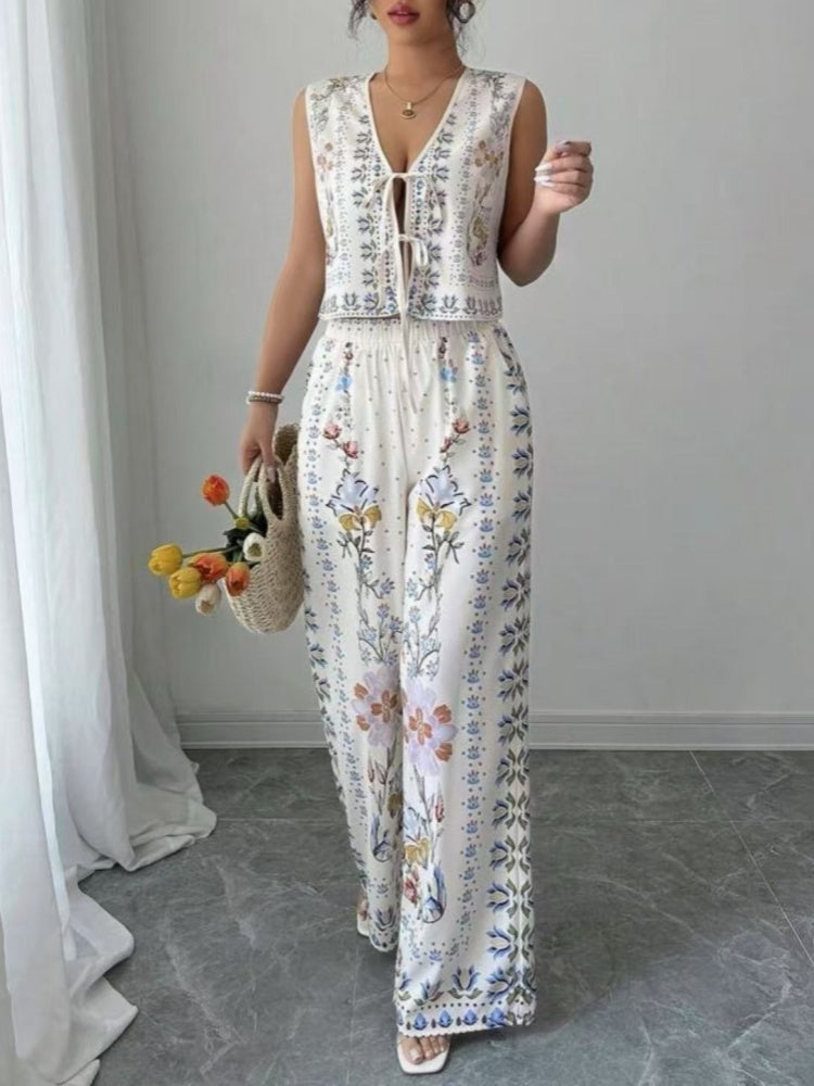 Tie-Up Vest & Wide-Leg Pants Set – Sky Blue Print