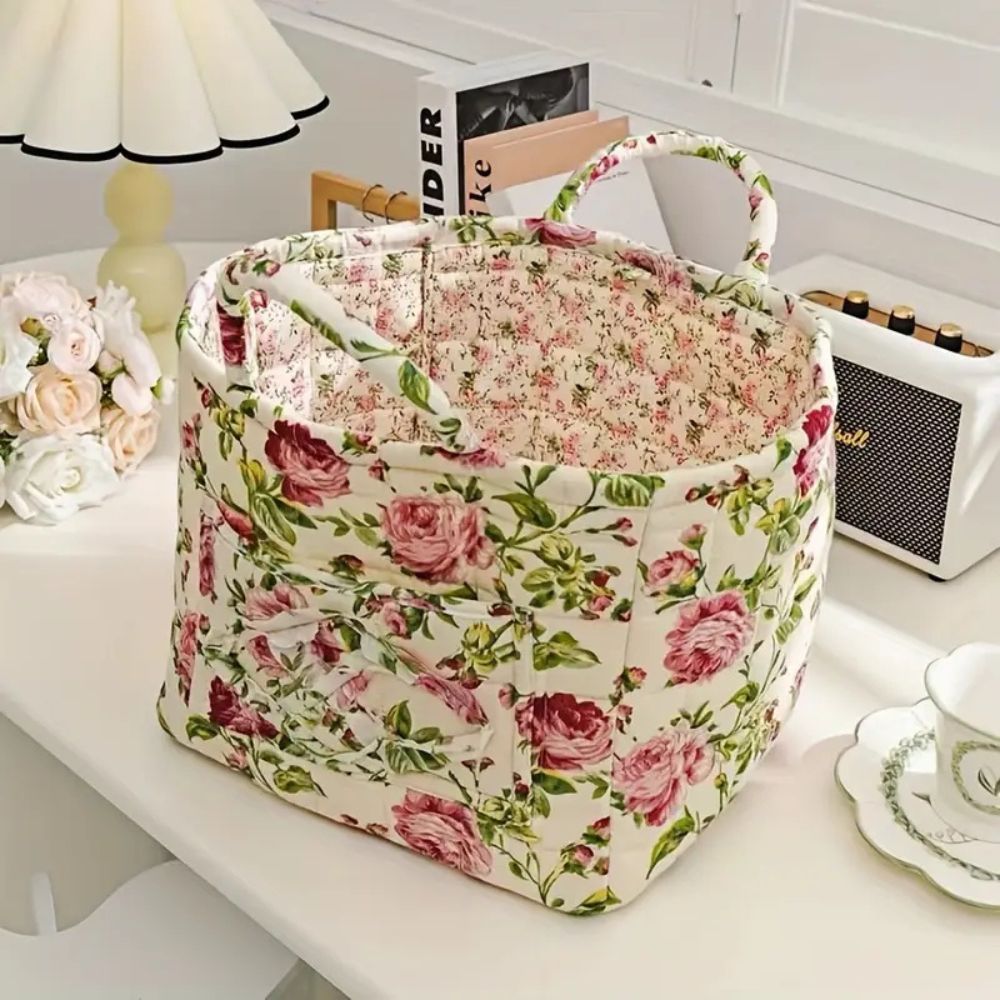 Vintage floral fabric storage basket with handles, quilted collapsible organizer for home decor and storage