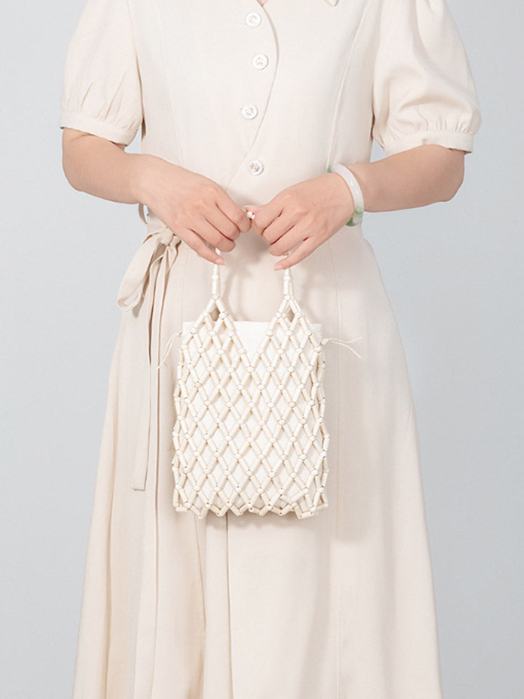 Hollow-Out Wooden Bead Woven Tote Bag