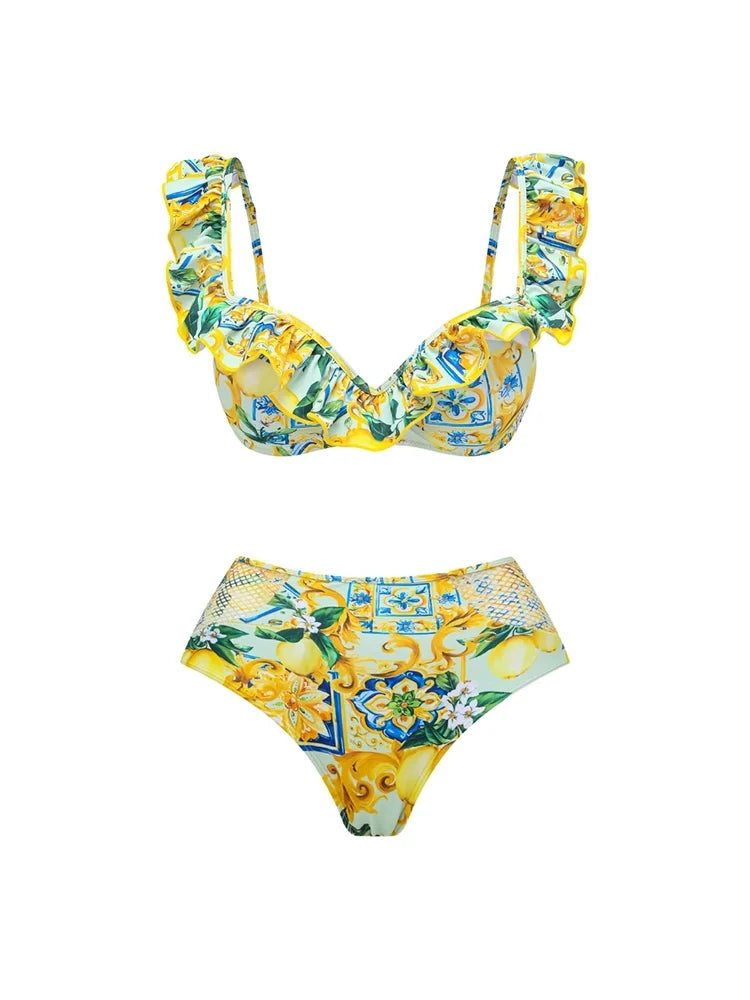 Lemon Print Ruffle Bikini Set