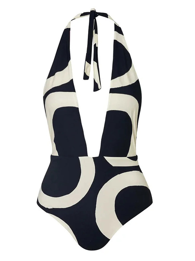 Colorblock Halter High-Waist One-Piece Swimsuit