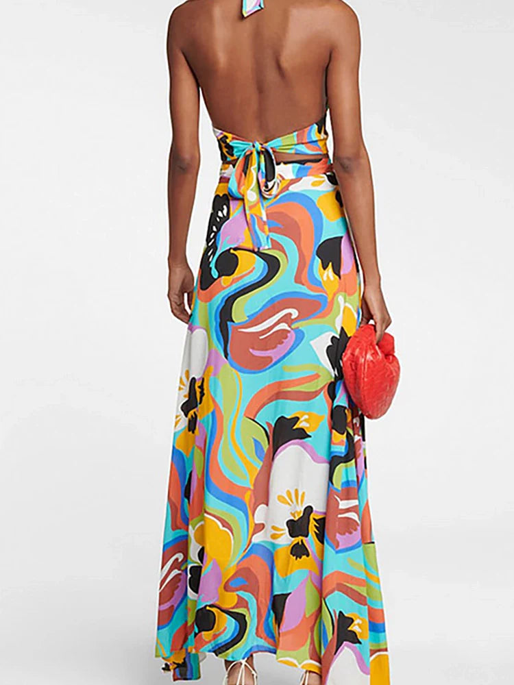 Deep V Halter Neck Print Sexy Swimsuit Set