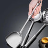 5-piece stainless steel kitchen utensil set with wok spatula, slotted spatula, ladle, skimmer, and serving spoon for cooking