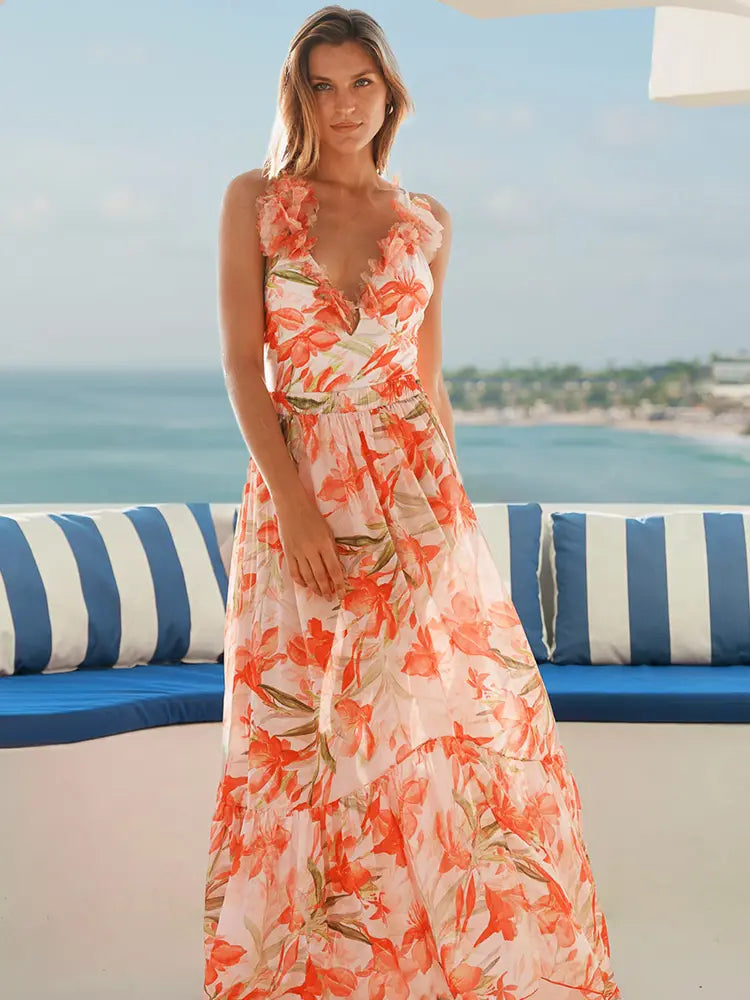 V Neck Vacation Printed One Piece Swimsuit Set