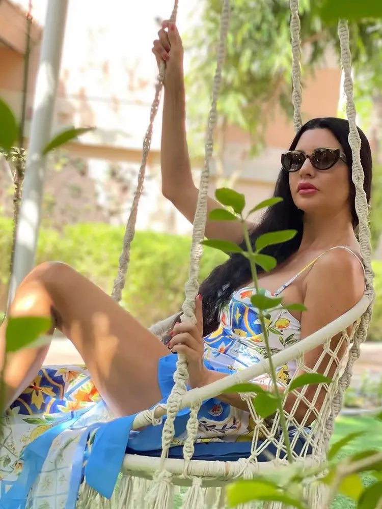 Lemon Print Backless One Piece Swimsuit Set