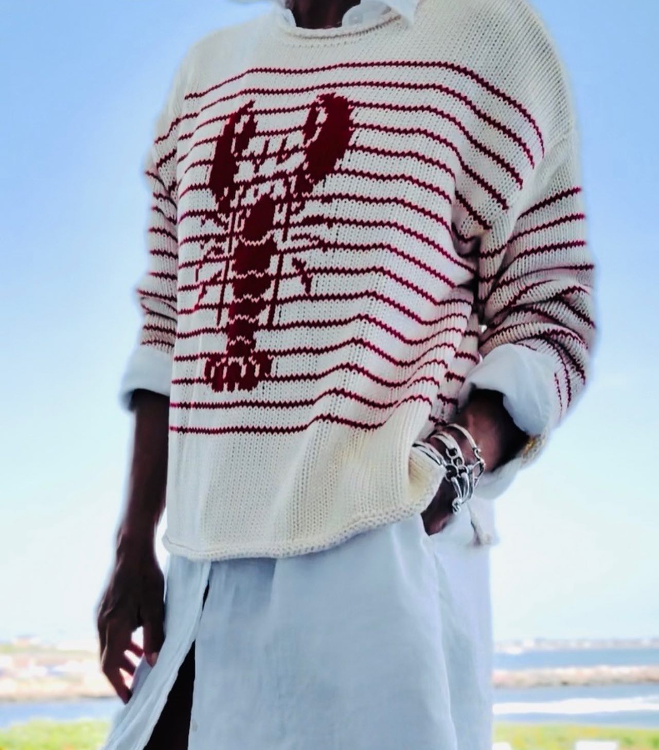 Cream & Red Striped Lobster Graphic Sweater