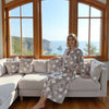 Soft fleece bathrobe with white heart print in gray, plush and cozy loungewear for women