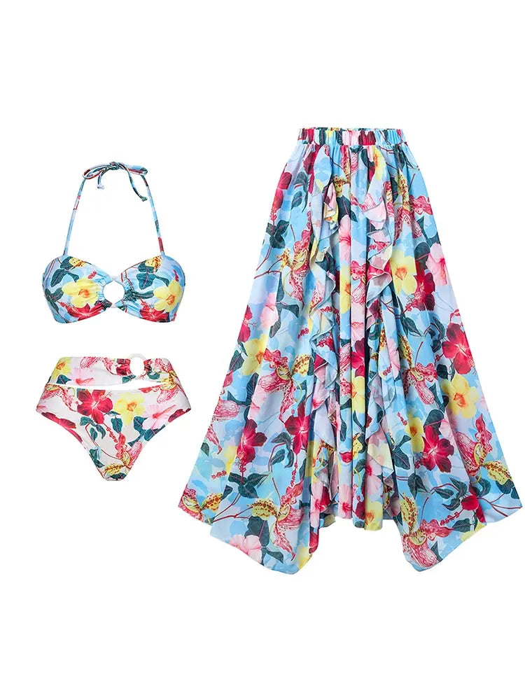 One Piece Cutout Printed Swimsuit Set