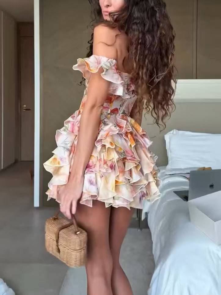 Off-shoulder Floral Print Ruffled Mini Dress