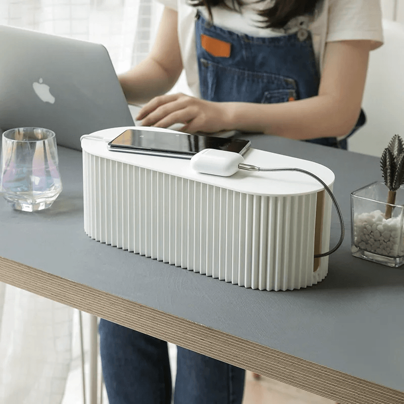 Modern cable management box with phone charging station, desktop cord organizer for home and office setup