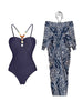 Beaded Textured Fabric One Piece Swimsuit Set