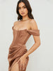 Cap Shoulder Corset Bodycon Midi Dress - Toffee Brown