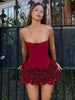 Red 3D Flower Hem Sexy Lace-Up Off-Shoulder Mini Dress