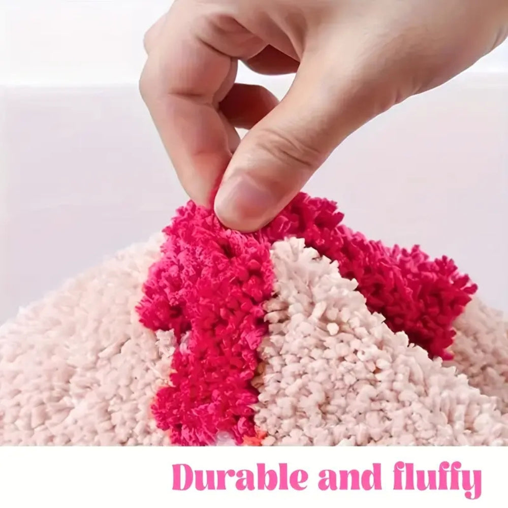 Pink bath mat with bold red ‘Get Naked’ lettering, soft absorbent funny bathroom rug for modern decor