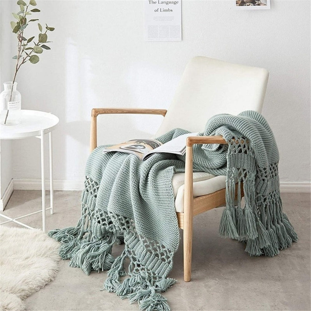 Snug Knit Woven Tassel Blanket