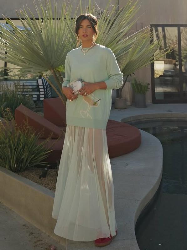 Mint Green Sweater with Cocktail Pattern & Sheer Tulle Maxi Skirt Outfit