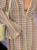 Boho V Neck Bell Sleeve Wavy Striped Crochet Beach Vacation Maxi Dress - Brown