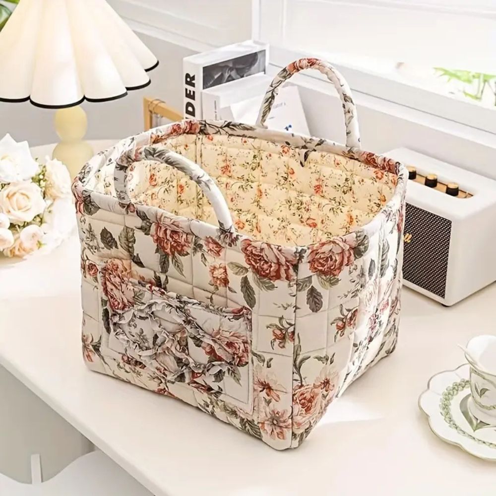 Vintage floral fabric storage basket with handles, quilted collapsible organizer for home decor and storage