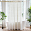 Light green sheer shower curtain with grid pattern and tassel trim, waterproof bathroom curtain for modern home decor