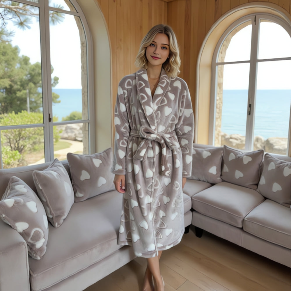 Soft fleece bathrobe with white heart print in gray, plush and cozy loungewear for women