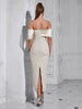 Strapless Back-Slit Jacquard Evening Gown