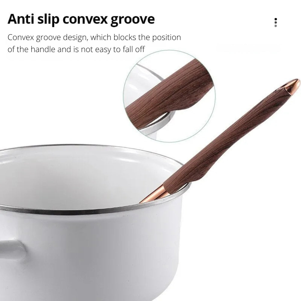 10-piece silicone kitchen utensil set with wood grain handles, heat-resistant cooking tools including spatulas, spoons, ladle, and pasta server